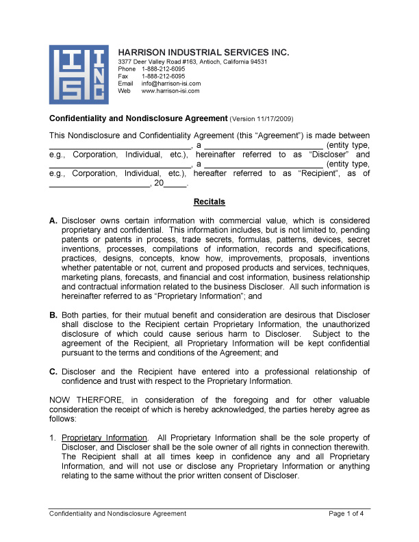 Harrison Industrial Services Inc. Confidentiality and Nondisclosure Agreement