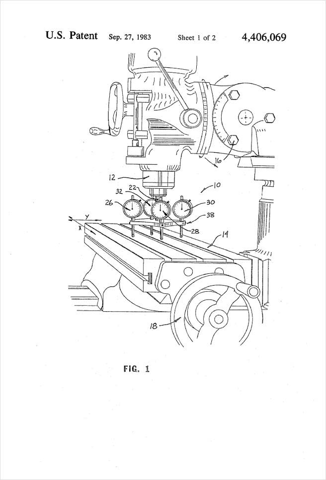 United States Patent 4,406,069 - Perpendicularity indicator for machine tool and method of operation - Figure 1 by Michael H. Clement