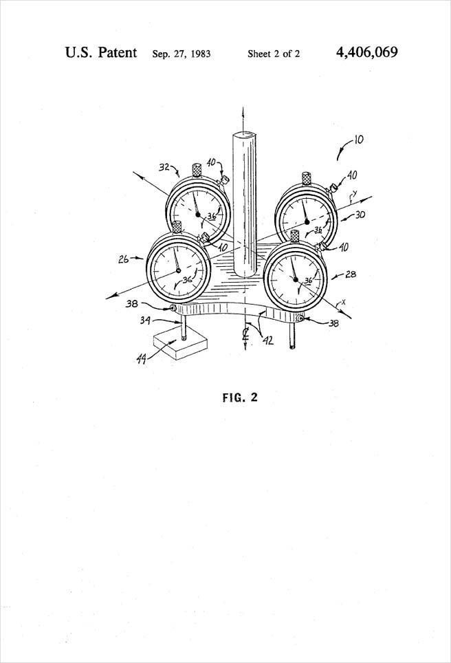 United States Patent 4,406,069 - Perpendicularity indicator for machine tool and method of operation - Figure 2 by Michael H. Clement