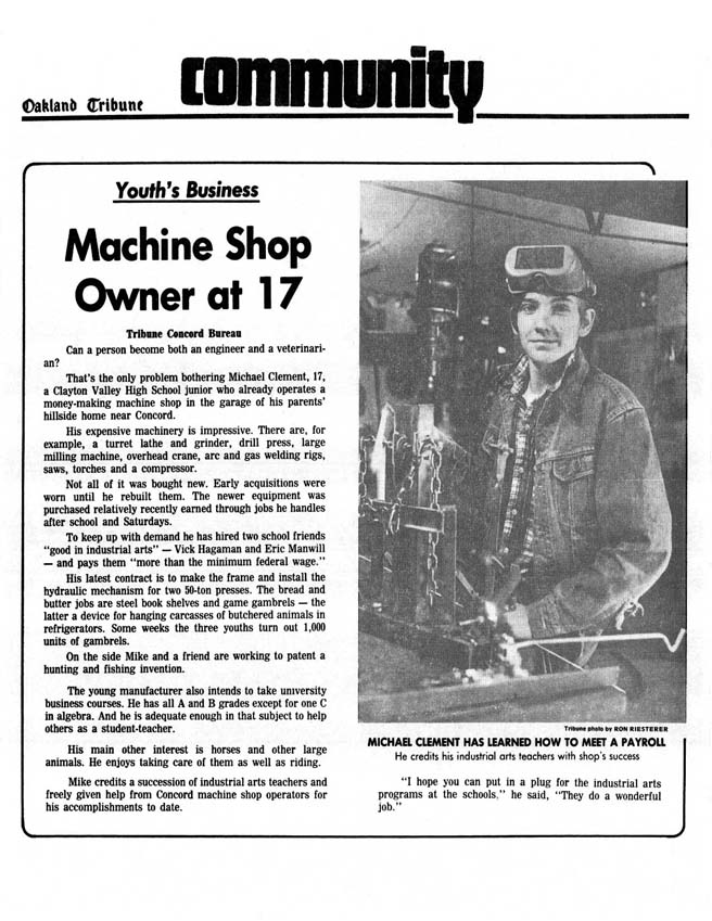 Oakland Tribune: Machine Shop Owner at 17