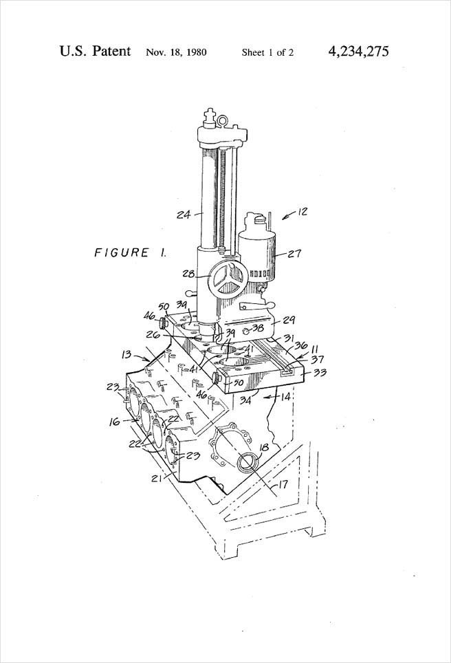 United States Patent 4,234,275 - Method and apparatus for mounting an engine block boring machine - Figure 1 by Michael H. Clement