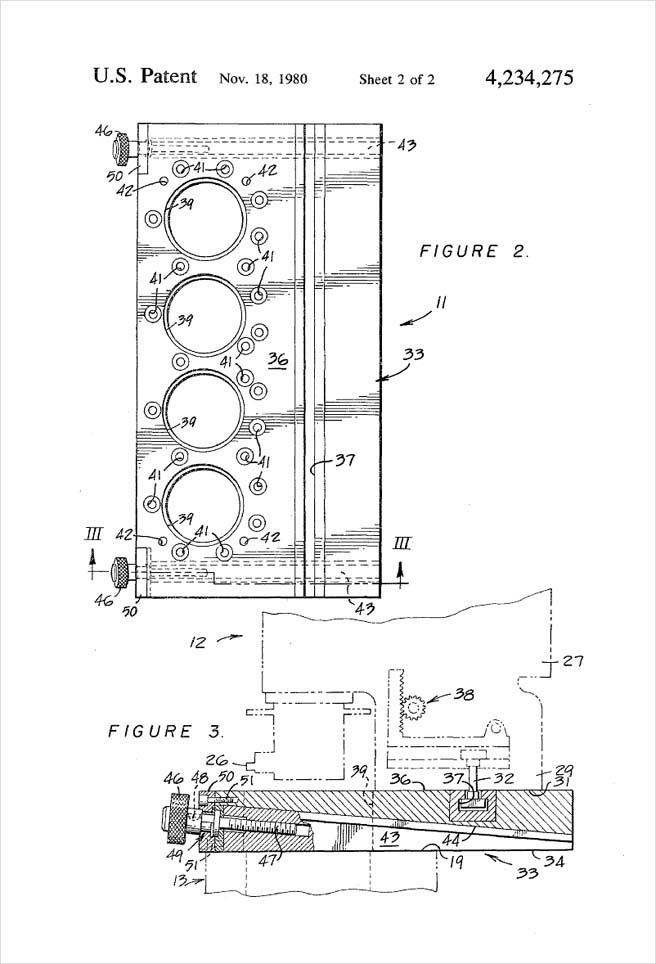 United States Patent 4,234,275 - Method and apparatus for mounting an engine block boring machine - Figures 2 and 3 by Michael H. Clement